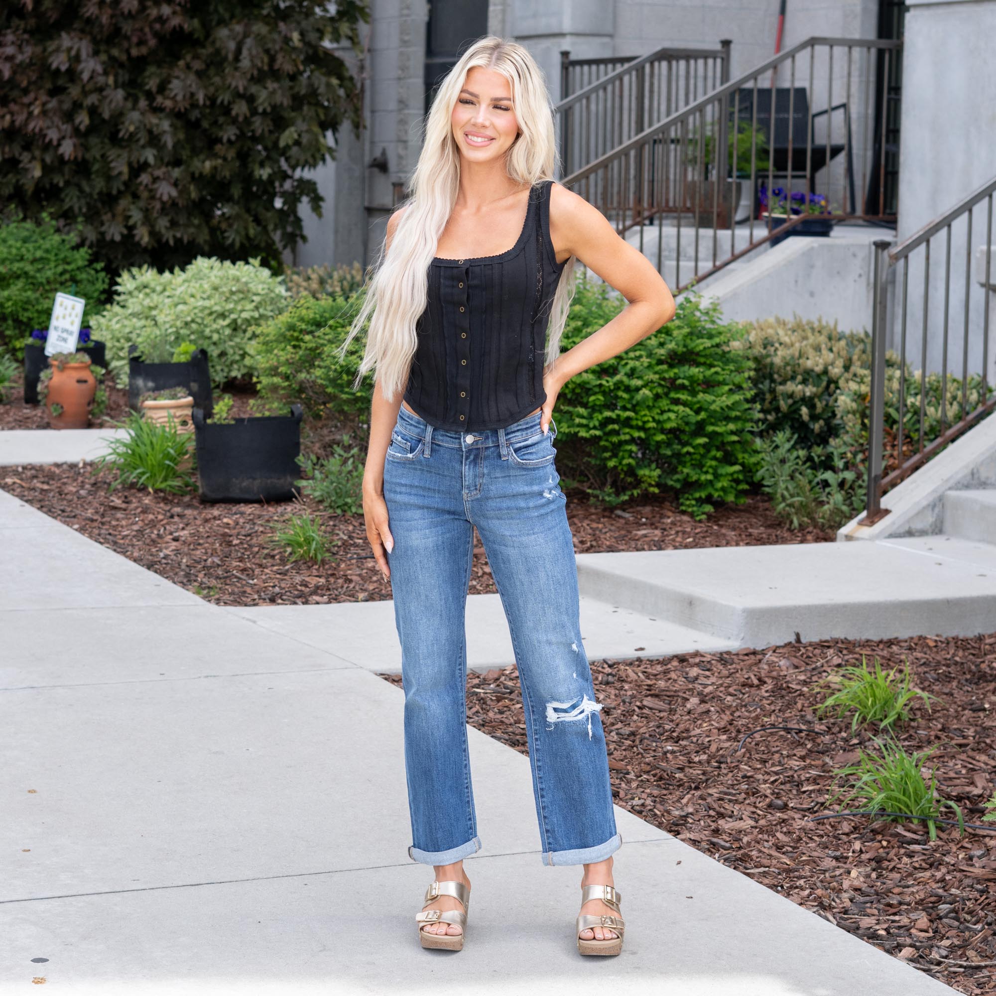 KanCan Fig Essentials Mid Rise Crop Wide Medium Dark Blue