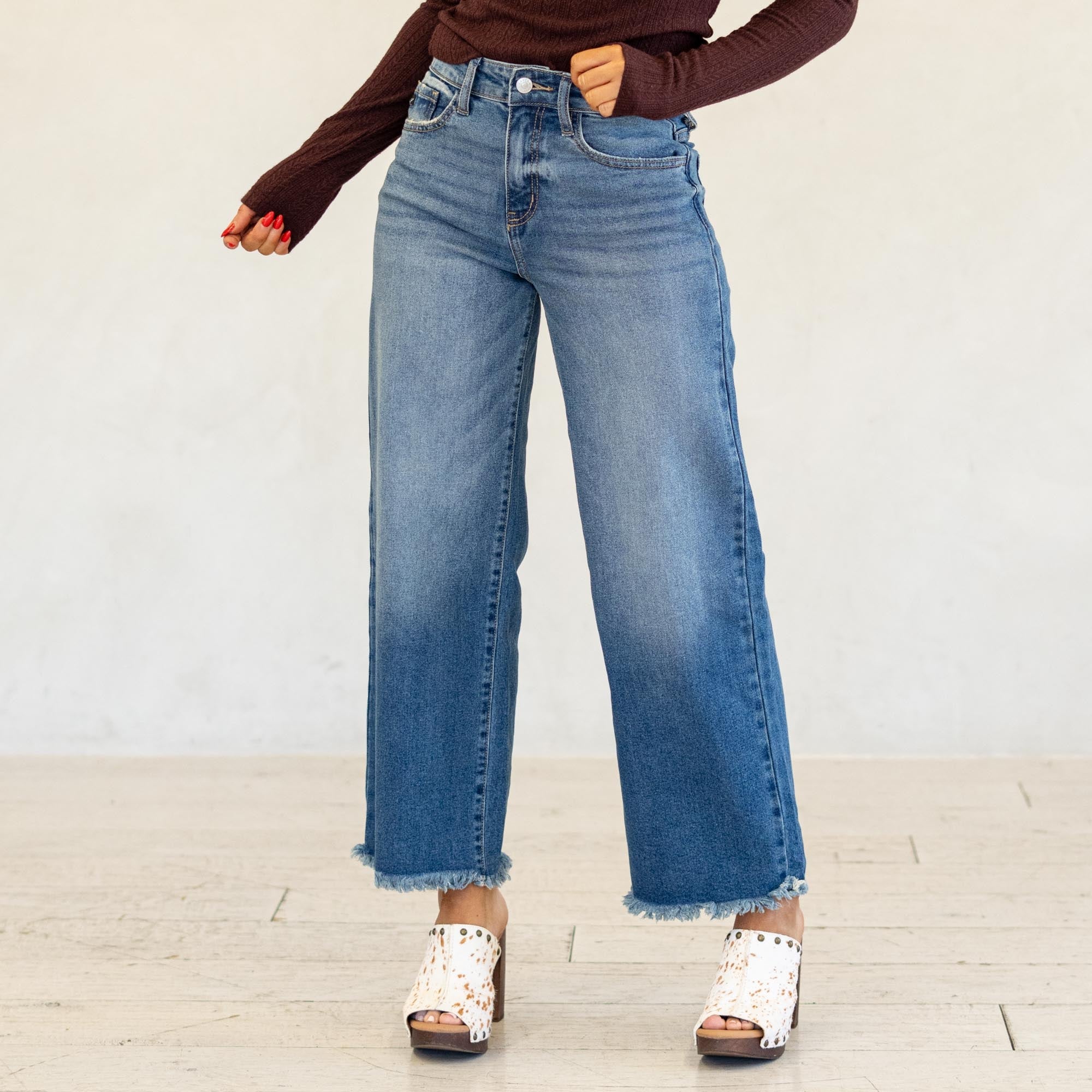 KanCan Aruli Essentials High Rise Cropped Wide Leg Jeans Medium Blue Wash