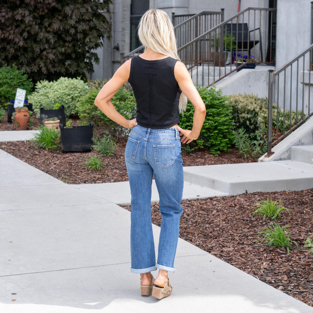 KanCan Fig Essentials Mid Rise Crop Wide Medium Dark Blue