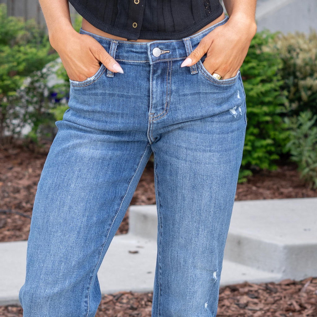 KanCan Fig Essentials Mid Rise Crop Wide Medium Dark Blue