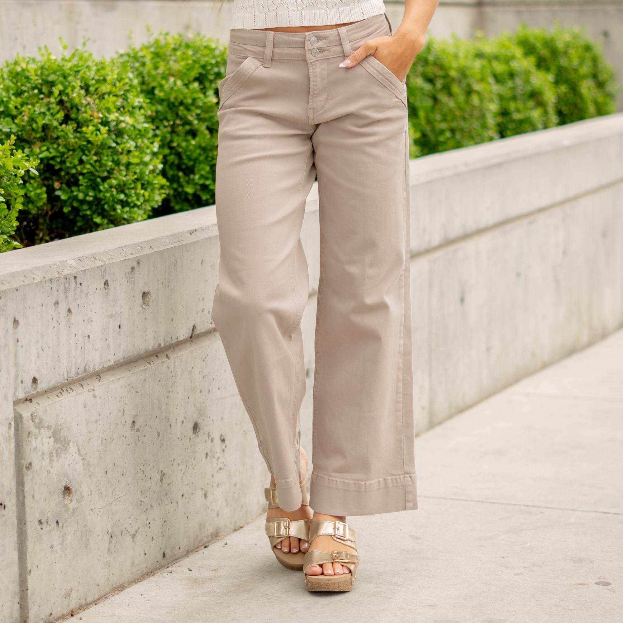 KanCan Crater Mid Rise Wide Leg Jeans in Tan