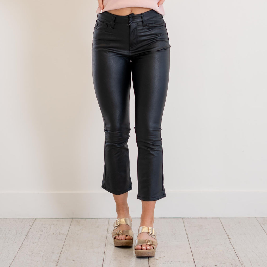 KanCan Darla High Rise Vegan Leather Kick Flare Black