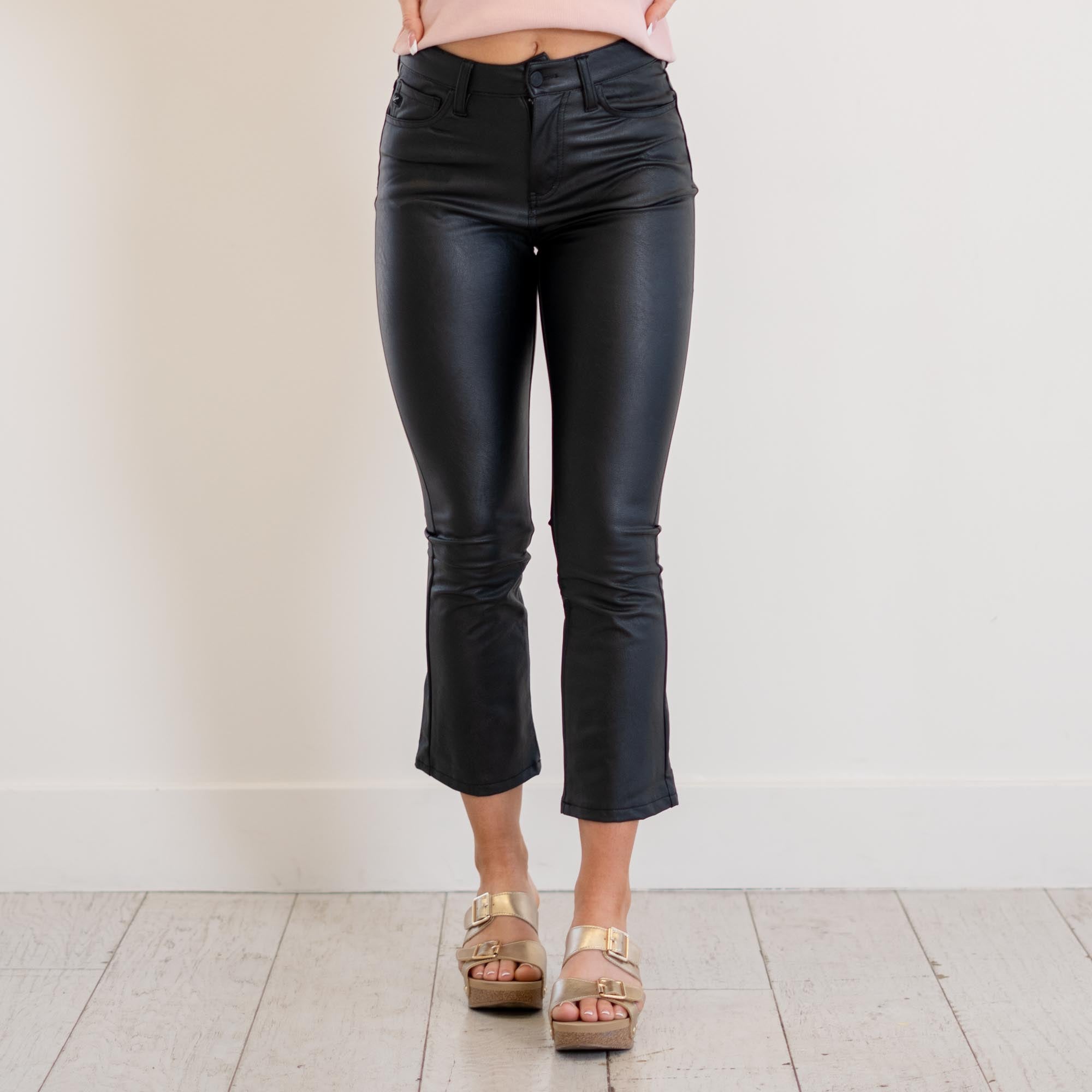 KanCan Darla High Rise Vegan Leather Kick Flare Black