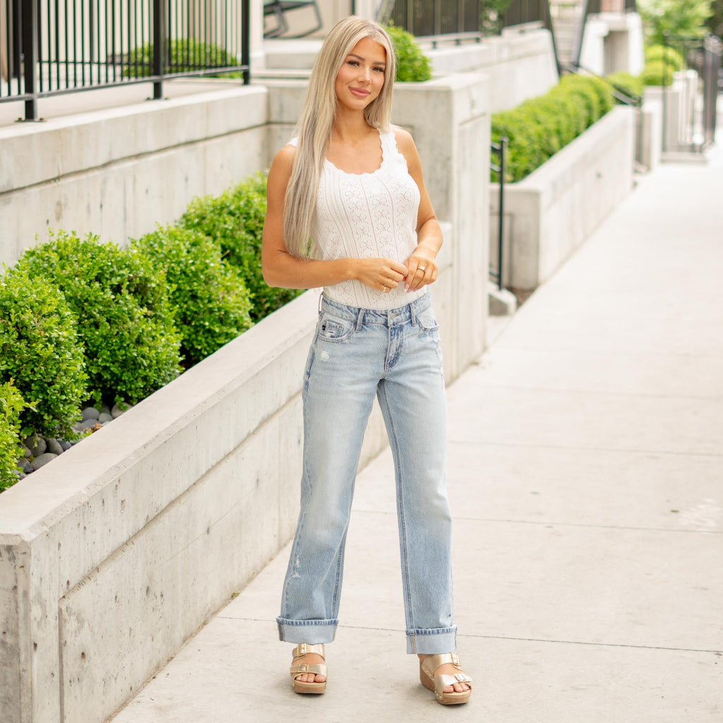 KanCan Low Rise Wide Leg Jeans with Released Hem Light Blue