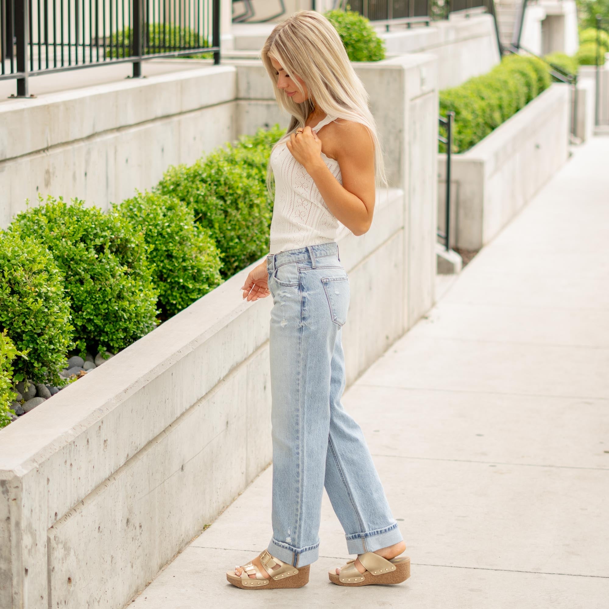KanCan Low Rise Wide Leg Jeans with Released Hem Light Blue