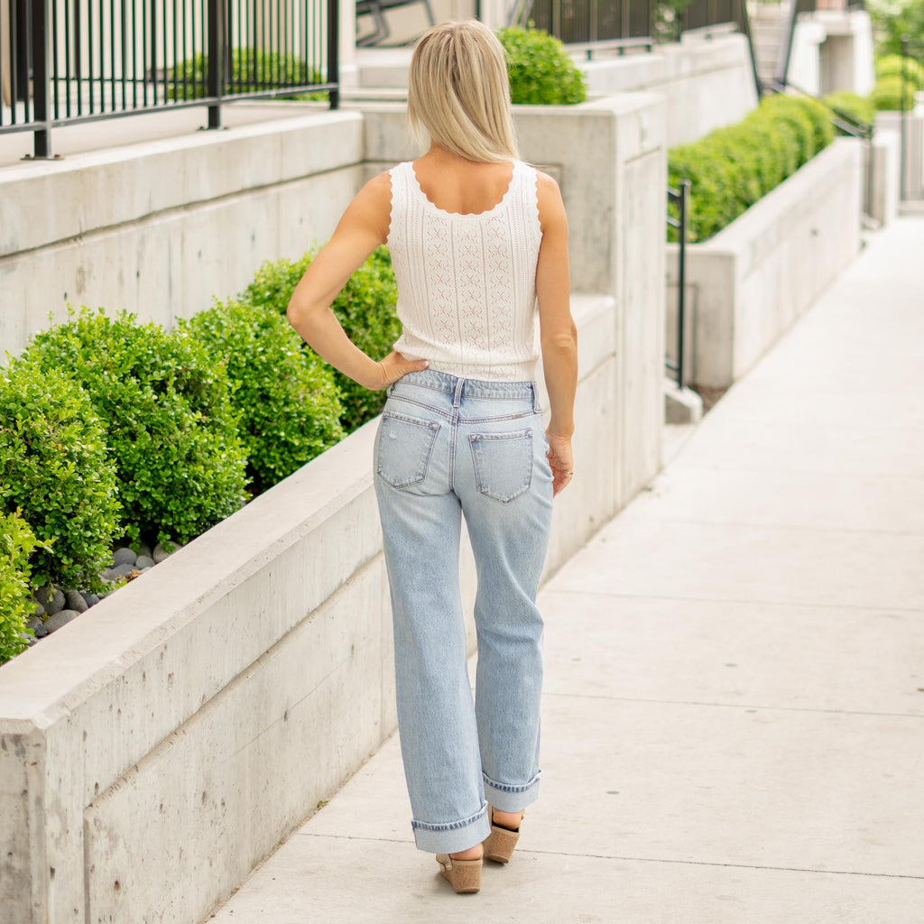 KanCan Low Rise Wide Leg Jeans with Released Hem Light Blue