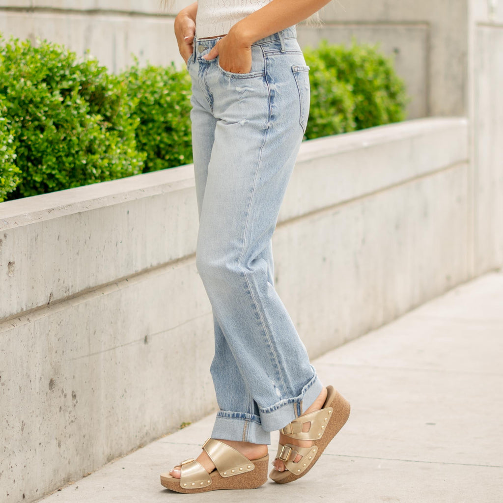 KanCan Low Rise Wide Leg Jeans with Released Hem Light Blue