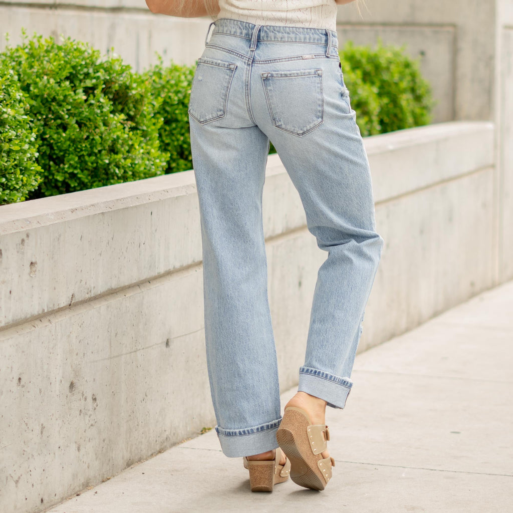 KanCan Low Rise Wide Leg Jeans with Released Hem Light Blue