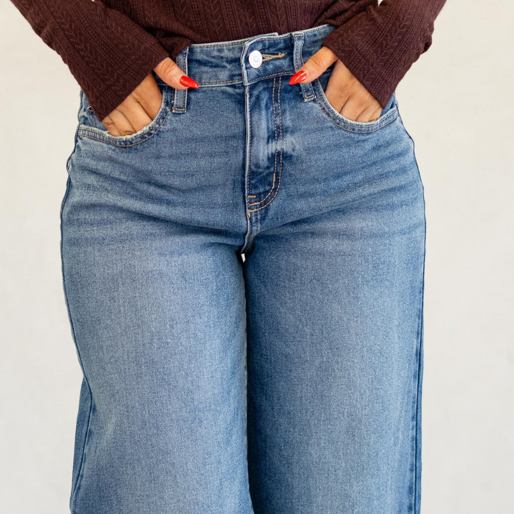 KanCan Aruli Essentials High Rise Cropped Wide Leg Jeans Medium Blue Wash