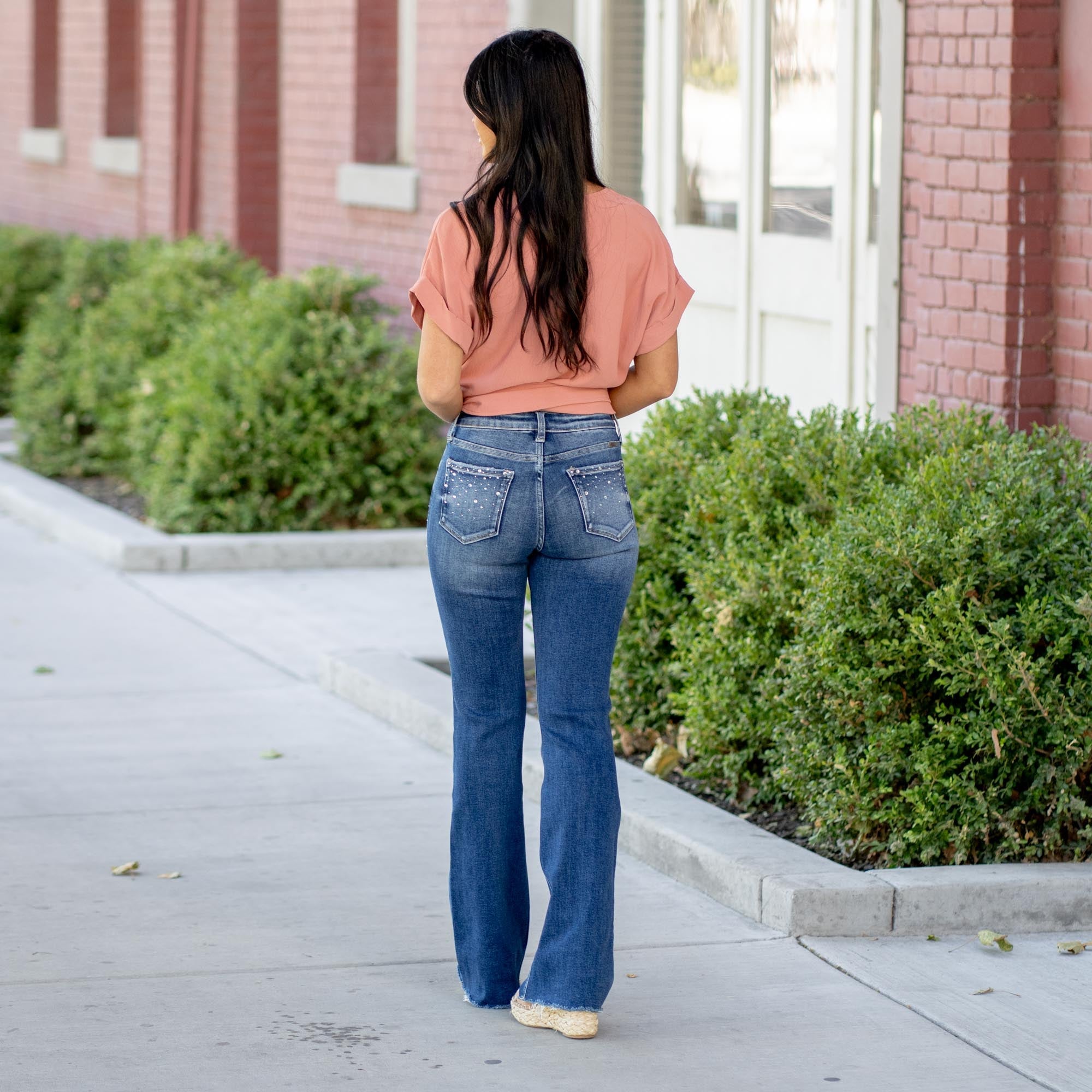 Shimmer Rhinestone Mid Rise Flare Stretch Jeans