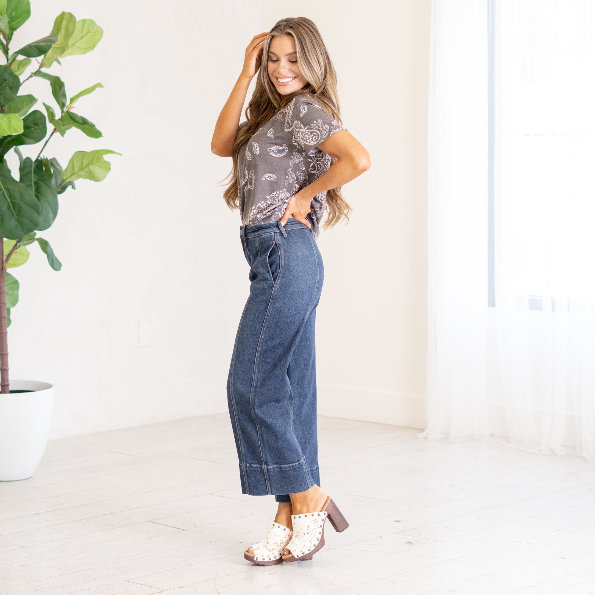 KanCan Candace High Rise Wide Leg Jeans Dark Blue Wash