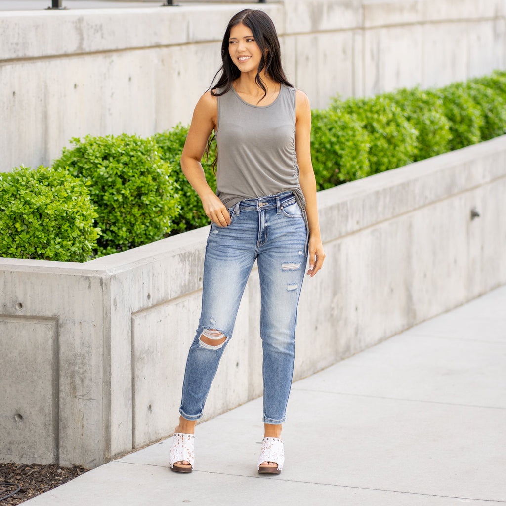 KanCan Katherine High Rise Distressed Mom Jeans Medium Blue Wash