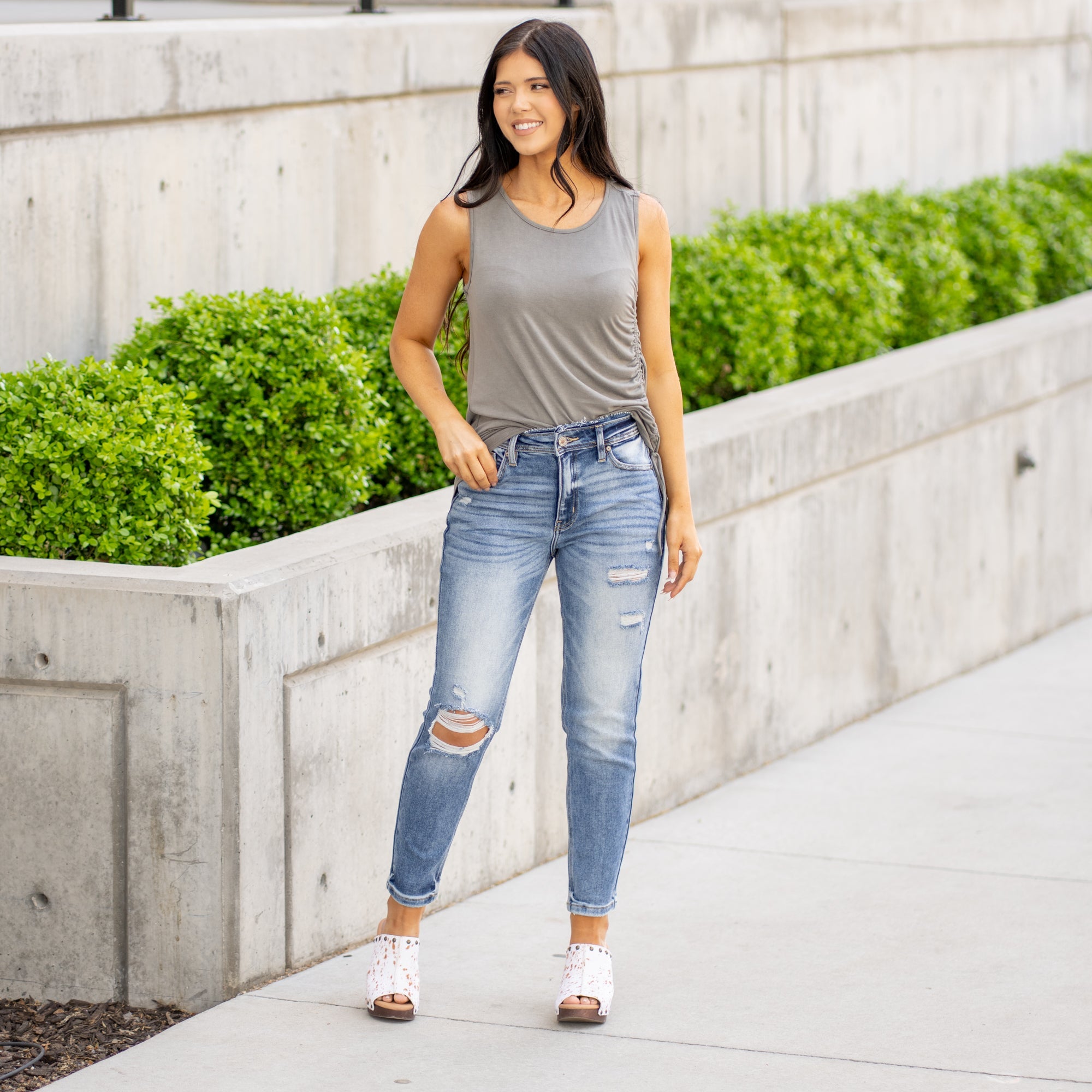 KanCan Katherine High Rise Distressed Mom Jeans Medium Blue Wash