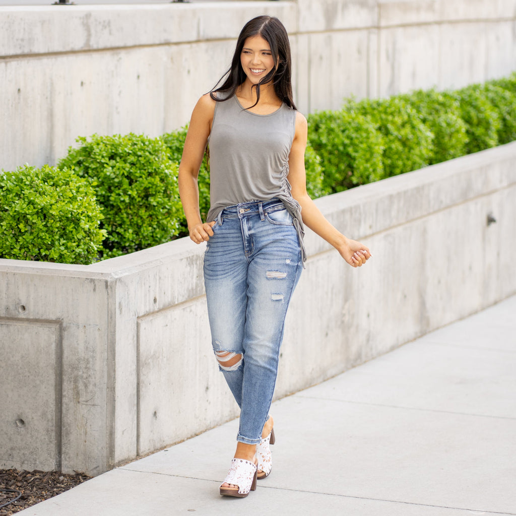 KanCan Katherine High Rise Distressed Mom Jeans Medium Blue Wash