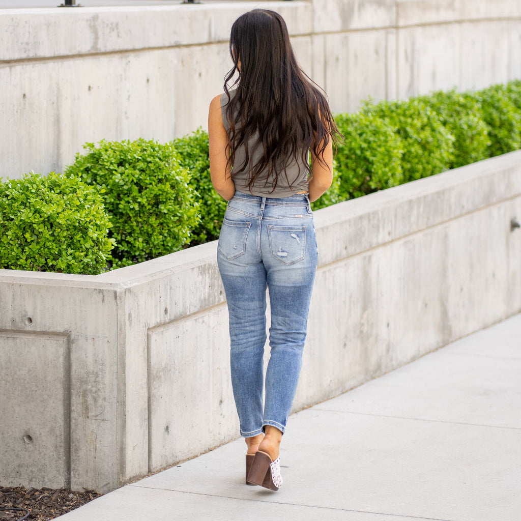 KanCan Katherine High Rise Distressed Mom Jeans Medium Blue Wash