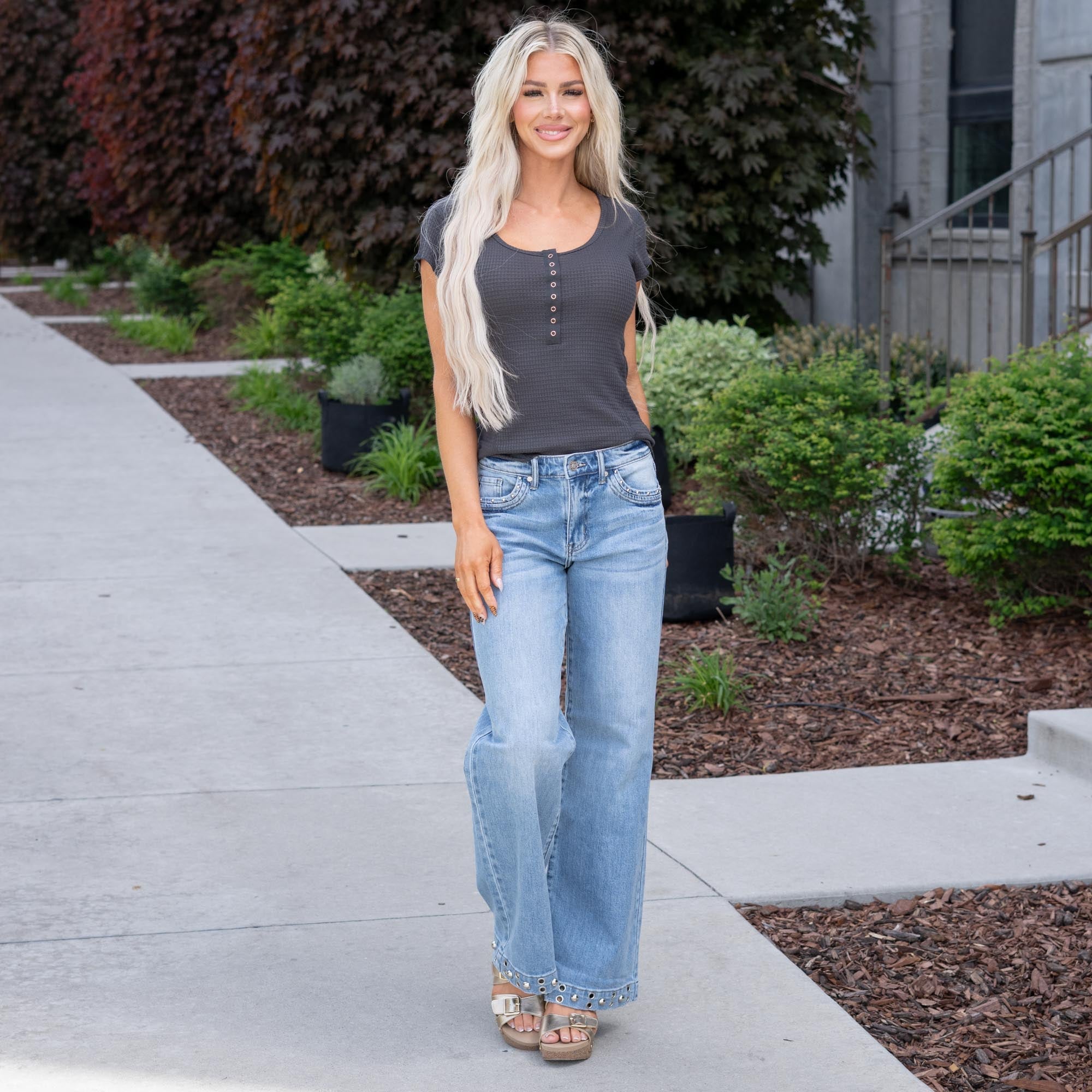 KanCan Low Rise Baggy Wide Leg Jeans with Stud Details Medium Blue Wash