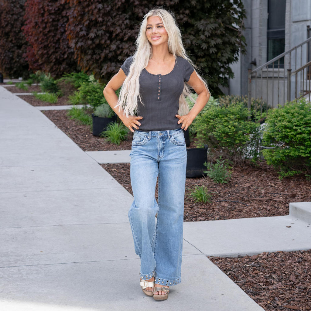 KanCan Low Rise Baggy Wide Leg Jeans with Stud Details Medium Blue Wash
