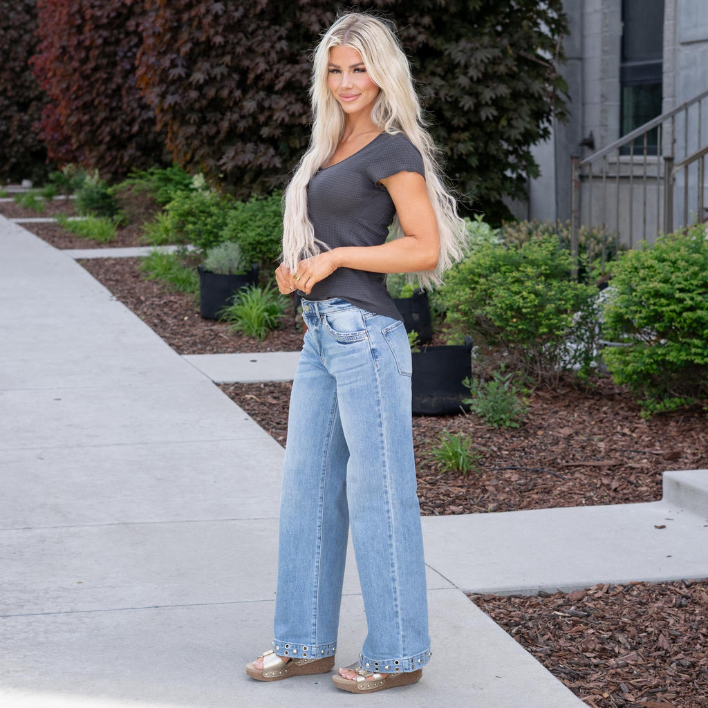 KanCan Low Rise Baggy Wide Leg Jeans with Stud Details Medium Blue Wash