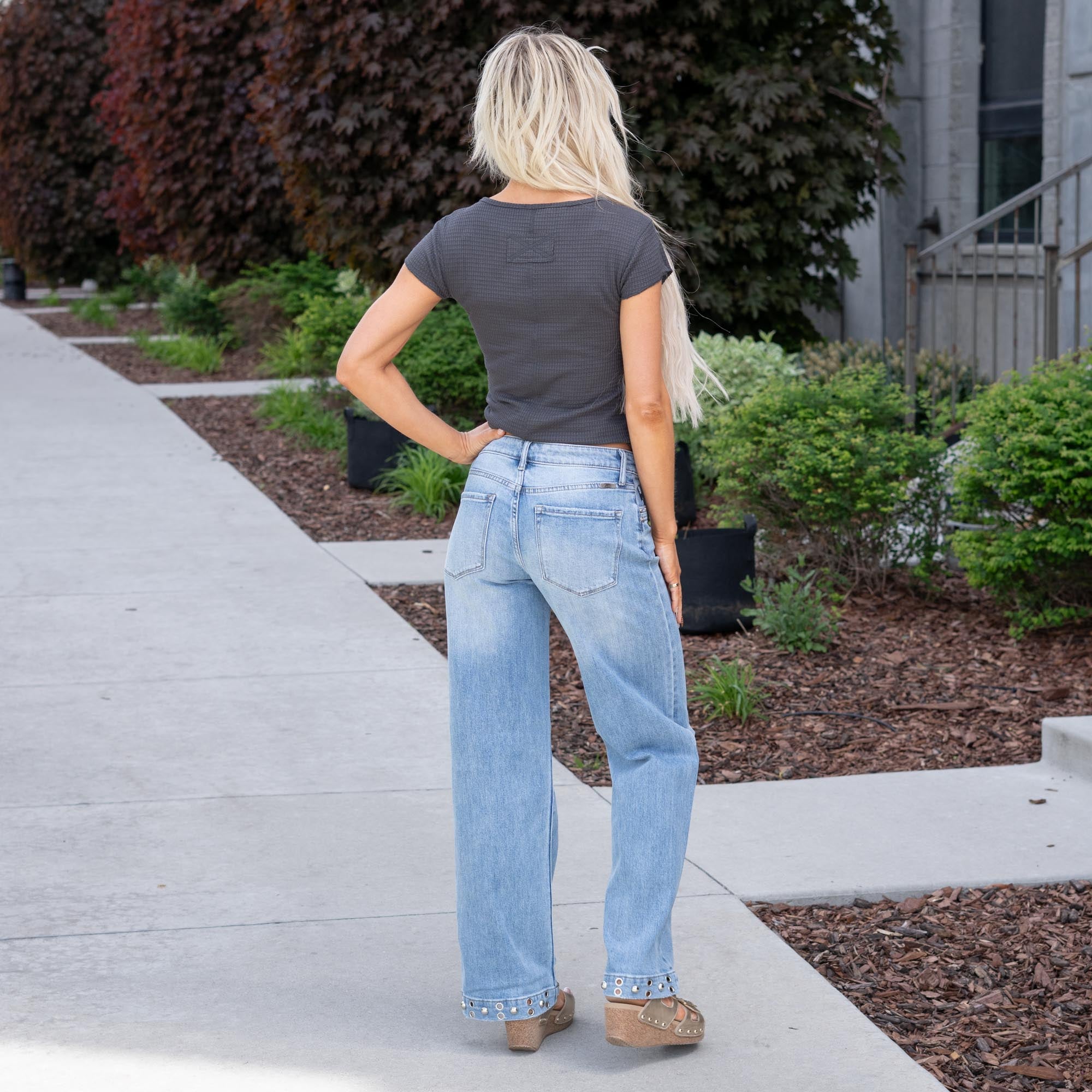 KanCan Low Rise Baggy Wide Leg Jeans with Stud Details Medium Blue Wash