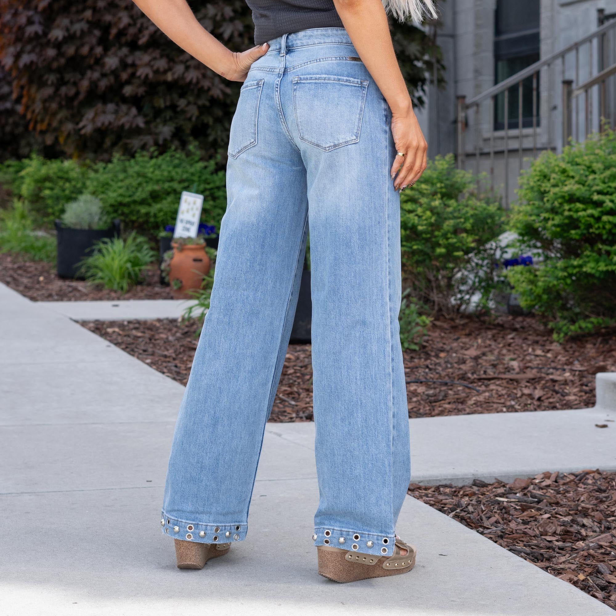 KanCan Low Rise Baggy Wide Leg Jeans with Stud Details Medium Blue Wash