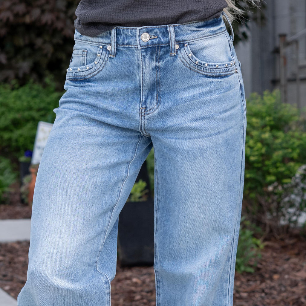 KanCan Low Rise Baggy Wide Leg Jeans with Stud Details Medium Blue Wash