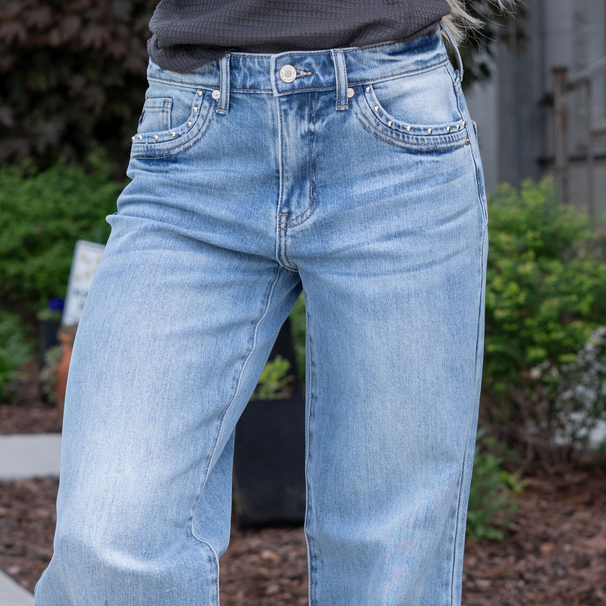 KanCan Low Rise Baggy Wide Leg Jeans with Stud Details Medium Blue Wash