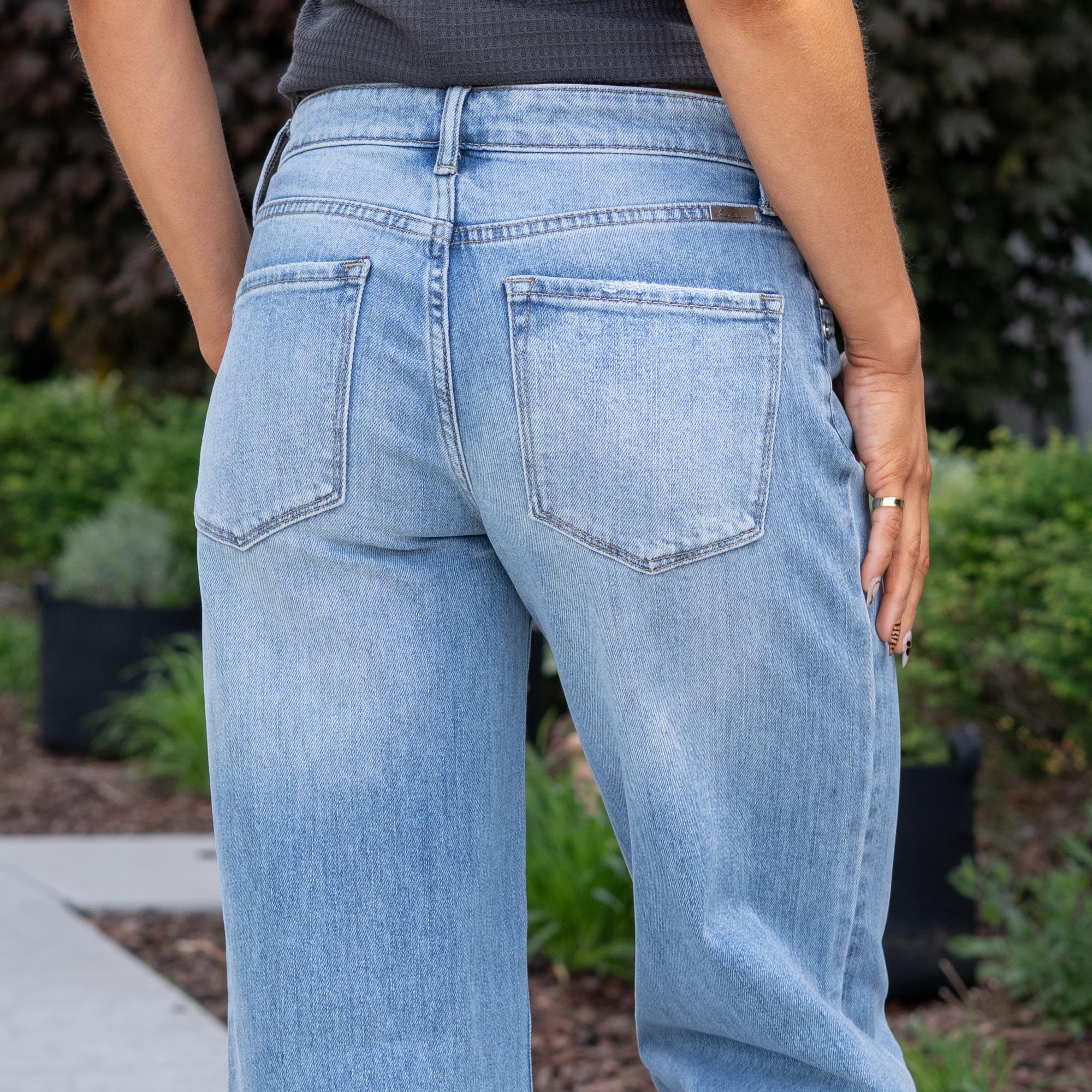 KanCan Low Rise Baggy Wide Leg Jeans with Stud Details Medium Blue Wash