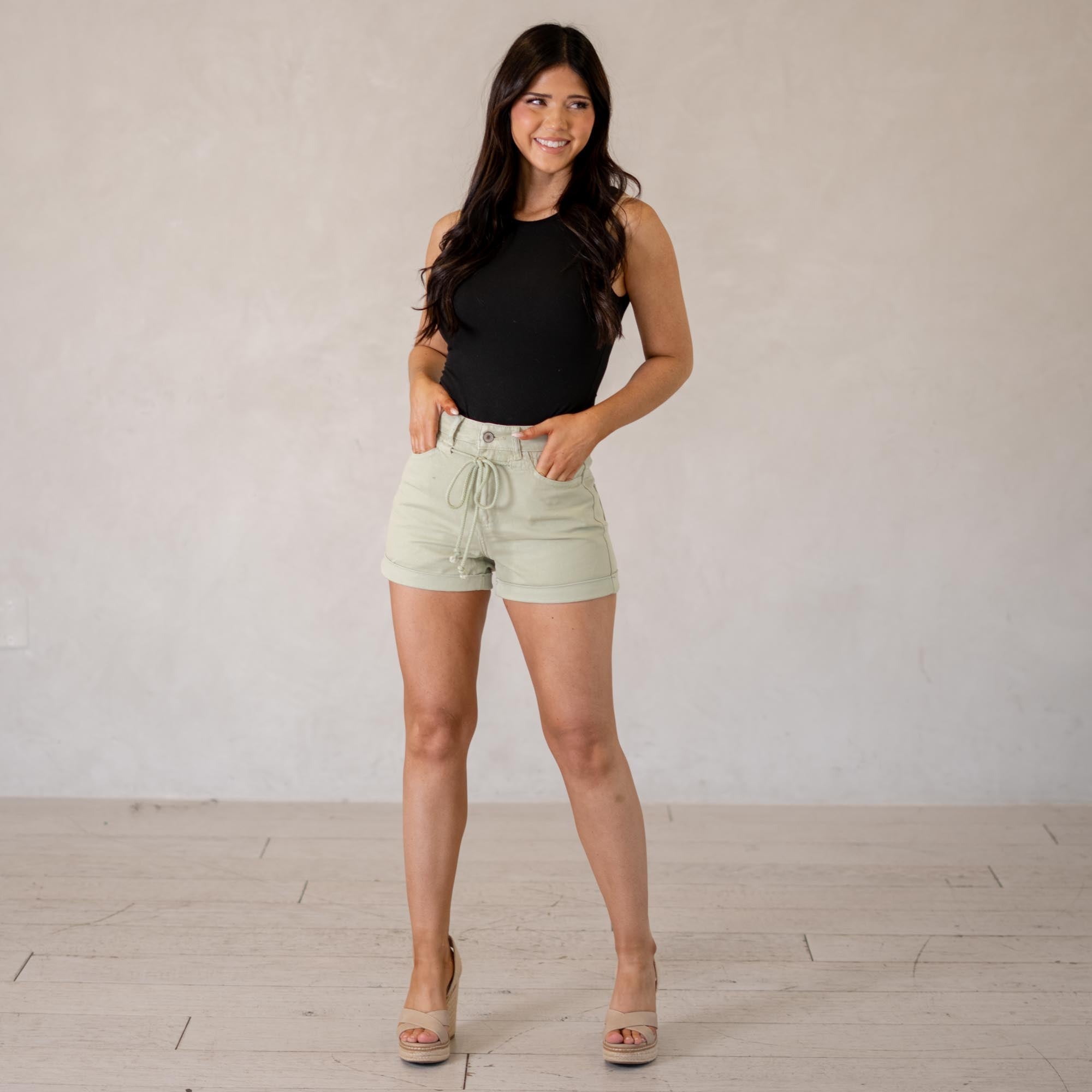 KanCan Azalea High Rise Draw String Shorts Sage