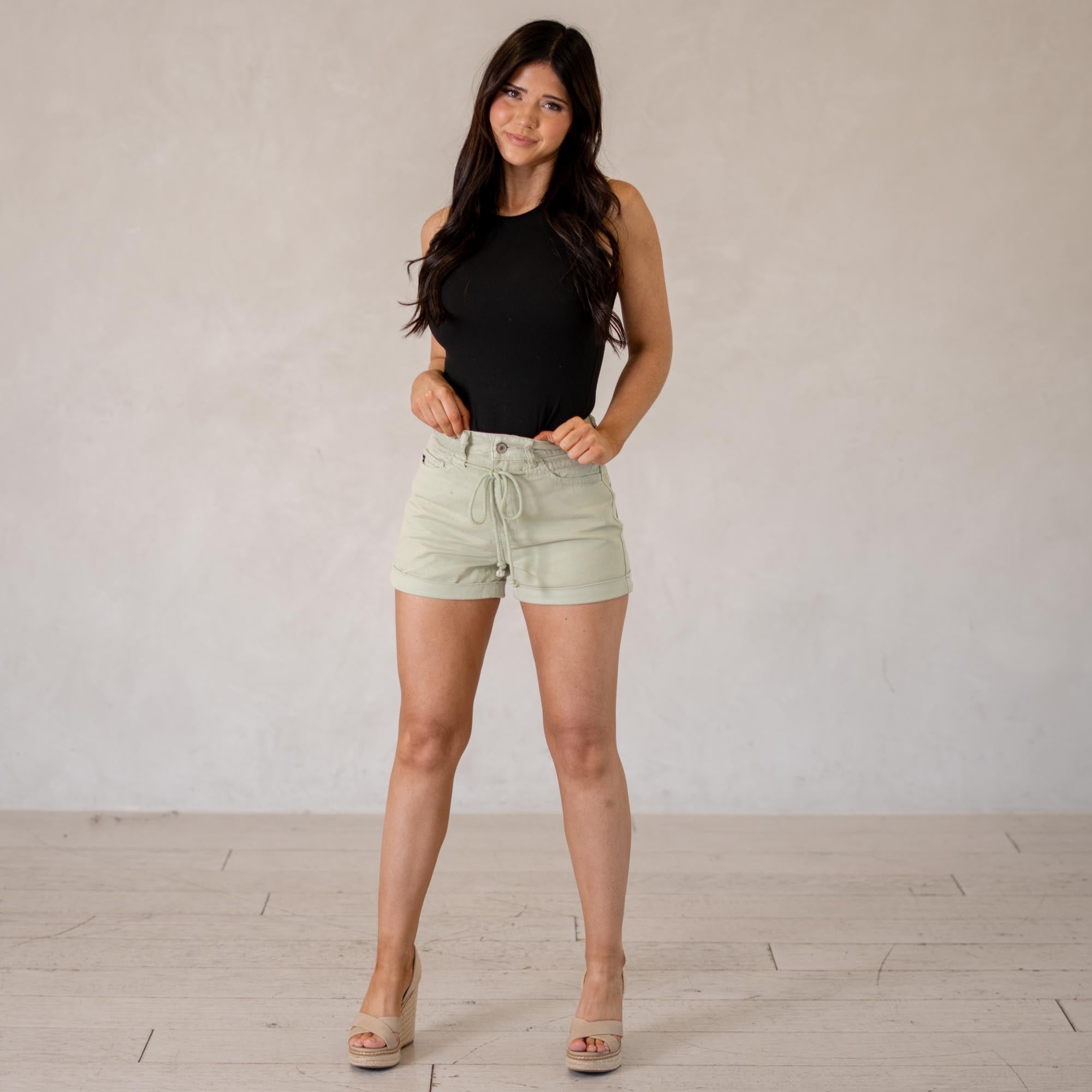 KanCan Azalea High Rise Draw String Shorts Sage