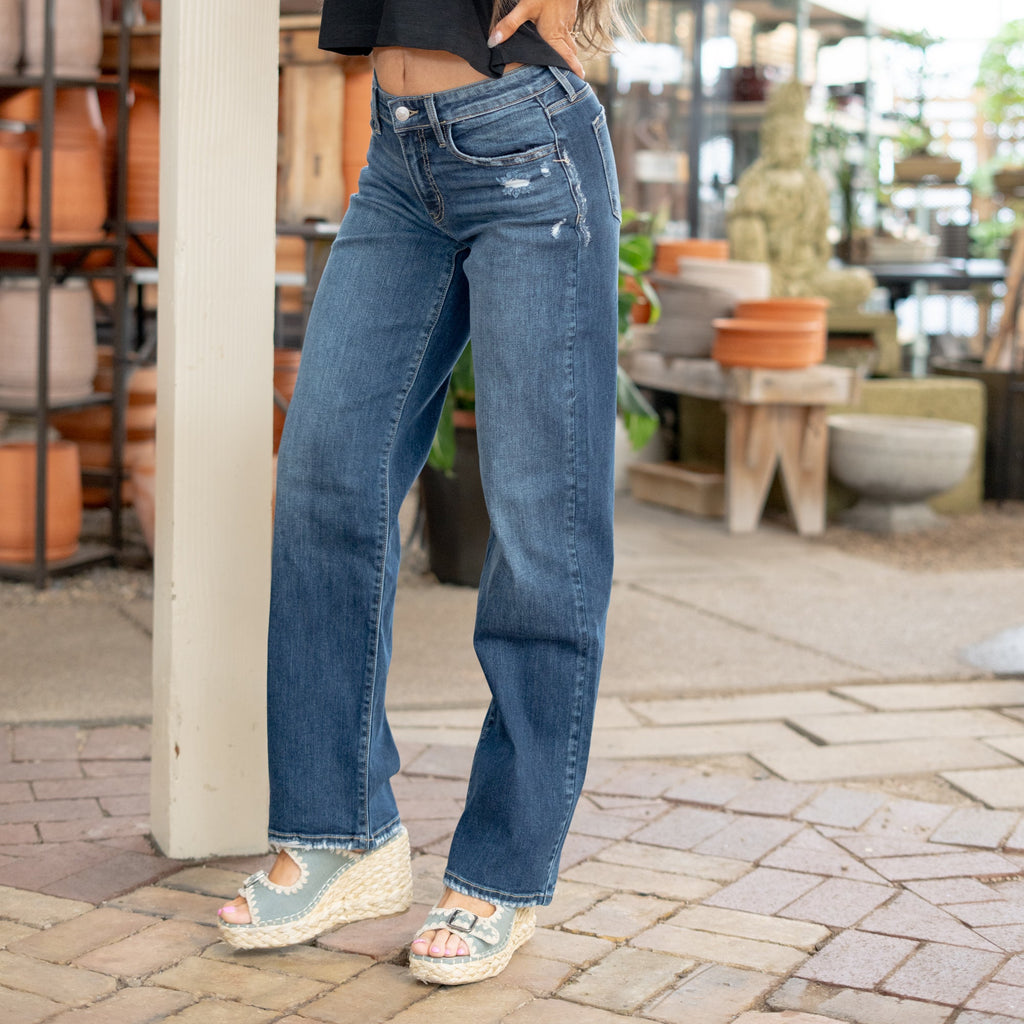 KanCan Gemma Mid Rise Wide Leg Dark Blue Wash