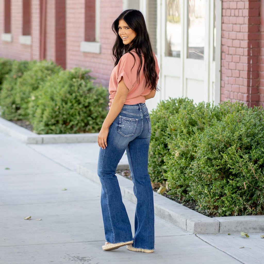 Shimmer Rhinestone Mid Rise Flare Stretch Jeans