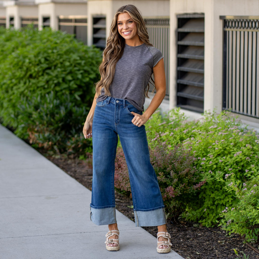 KanCan Delia Essentials High Rise Crop Wide Leg Dark Blue Wash
