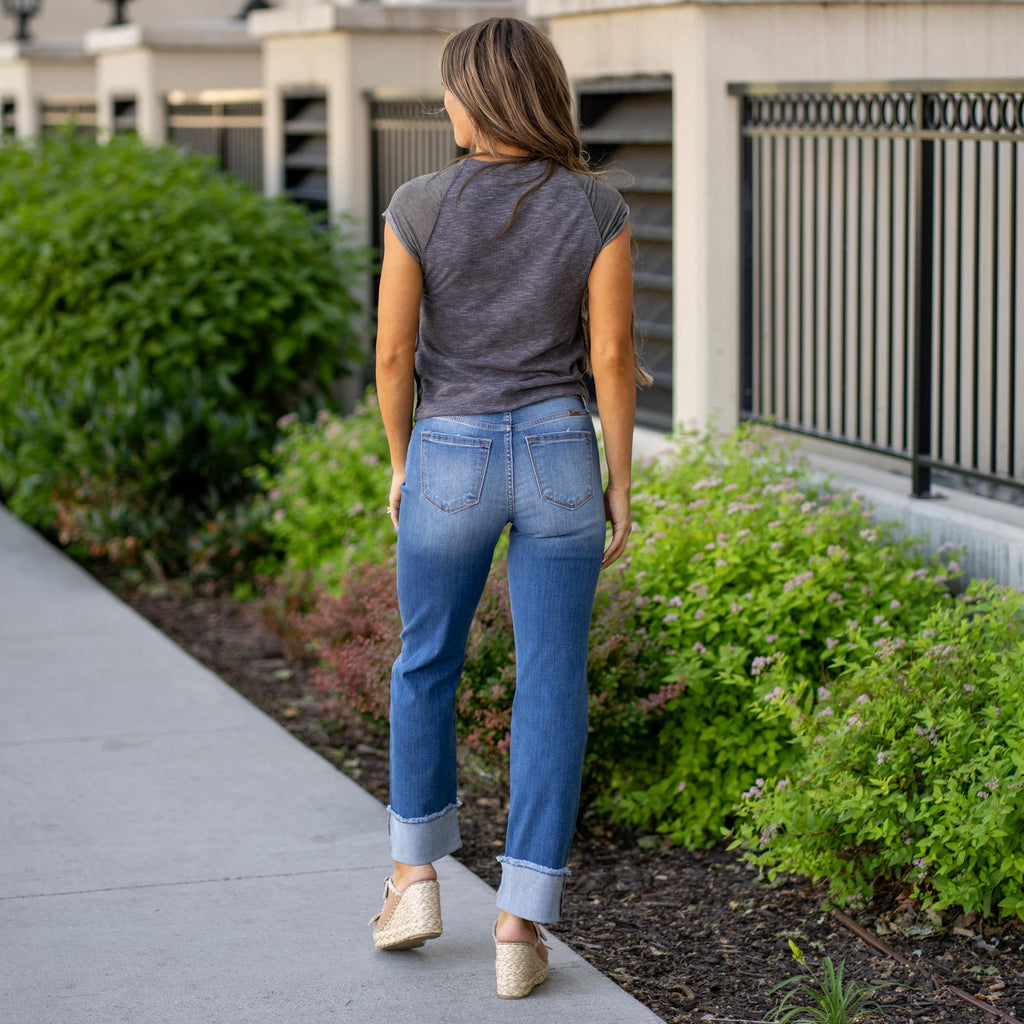 KanCan Quin Essentials High Rise Straight Leg Medium Blue Wash