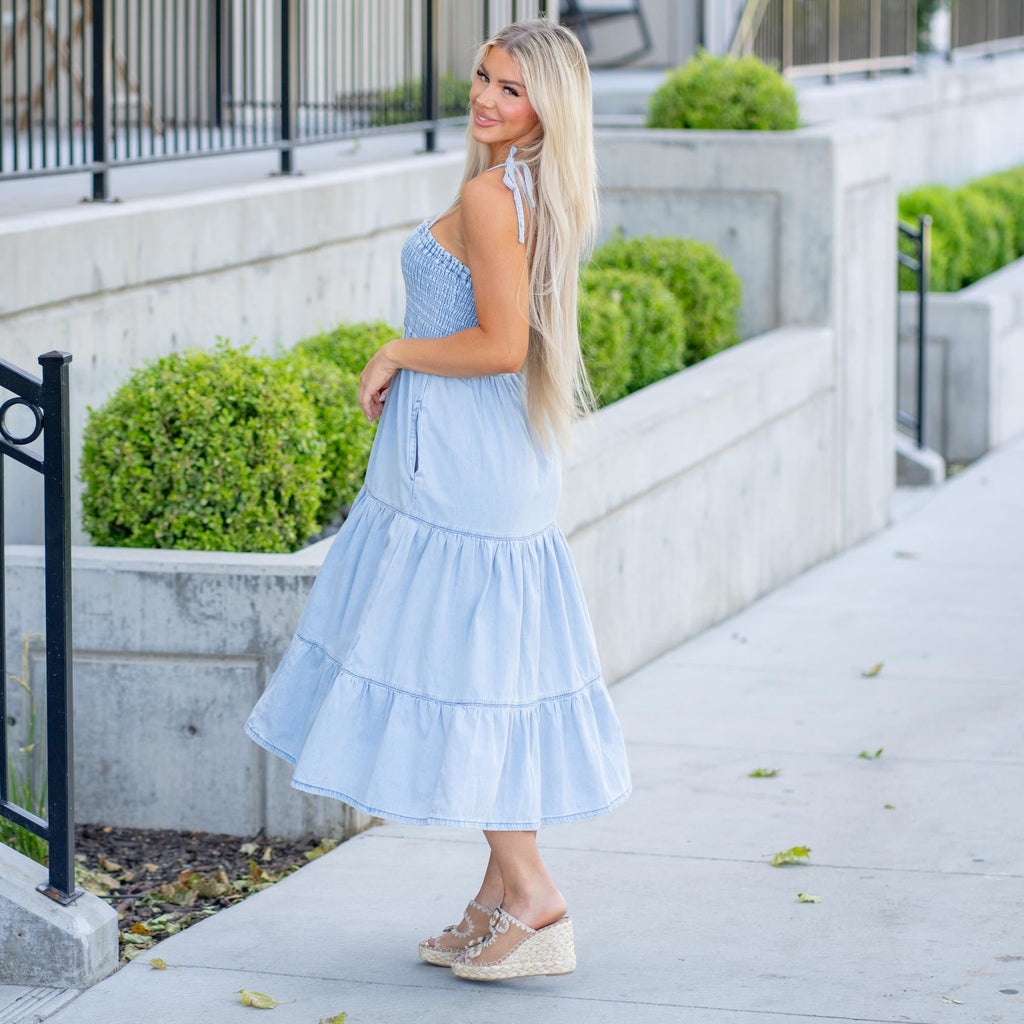KanCan Kate Light Blue Tiered Midi Dress with Adjustable Straps