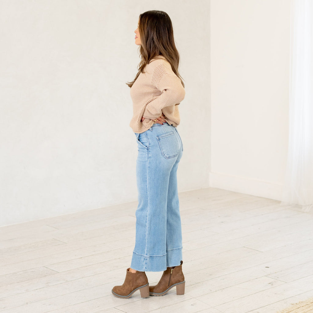 KanCan Darla High Rise Cropped Wide Leg Jeans Medium Blue Wash