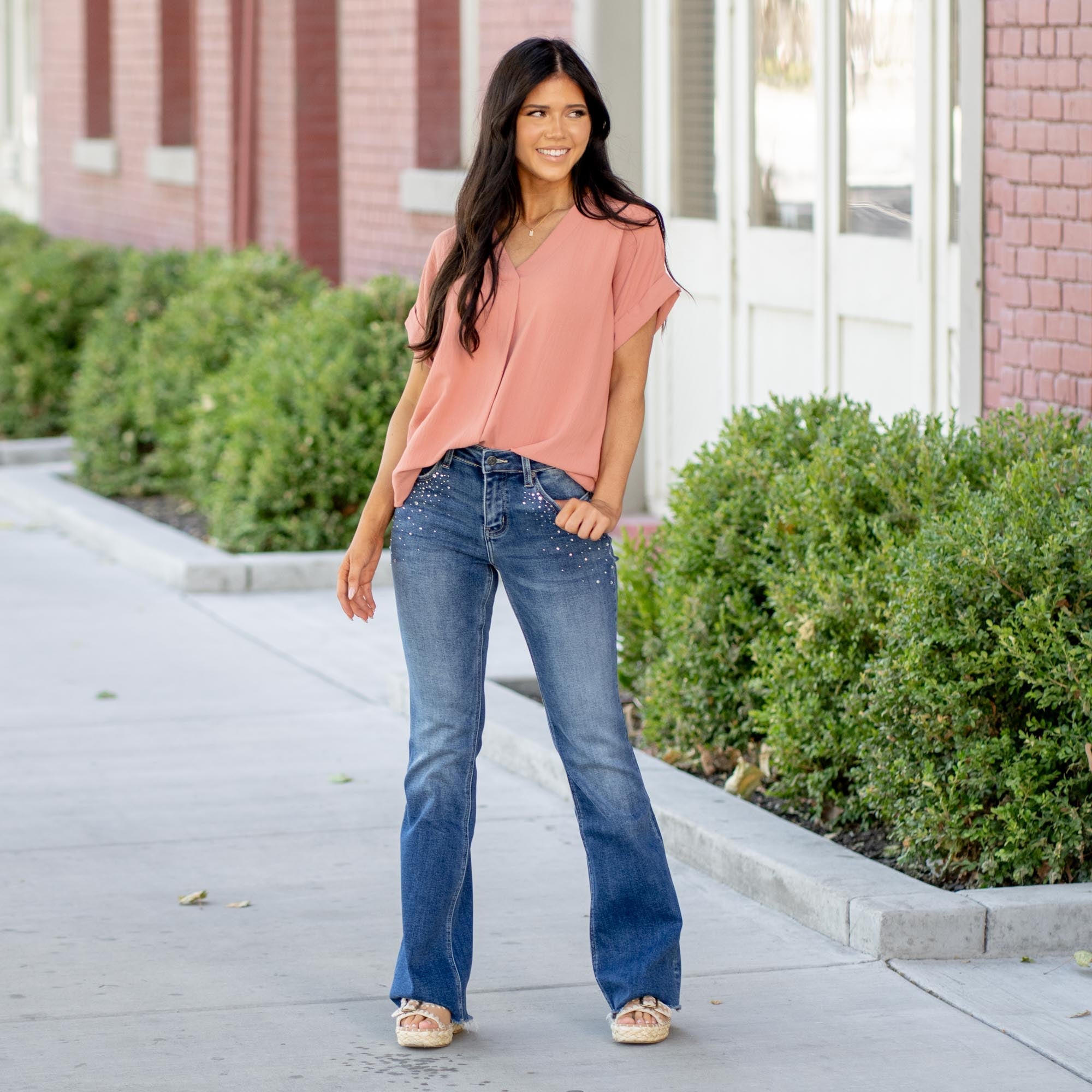 Shimmer Rhinestone Mid Rise Flare Stretch Jeans