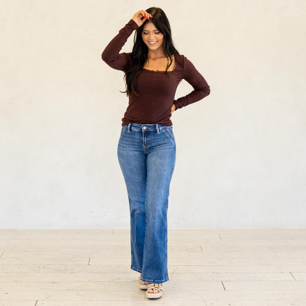 KanCan Ita Mid Rise Wide Flare Jeans (Petite) Medium Blue Wash