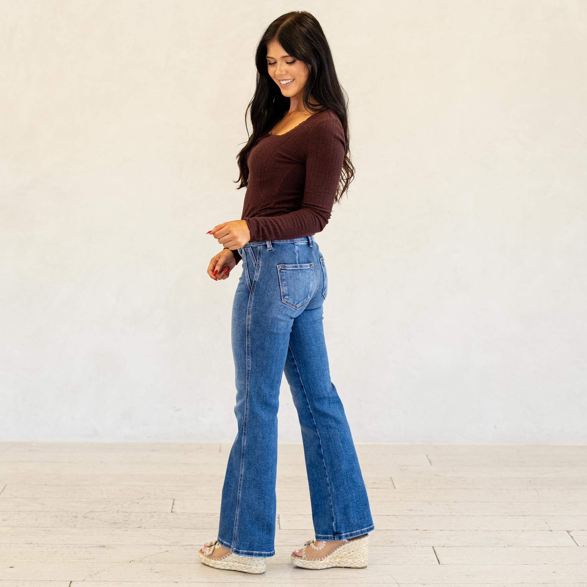 KanCan Ita Mid Rise Wide Flare Jeans (Petite) Medium Blue Wash