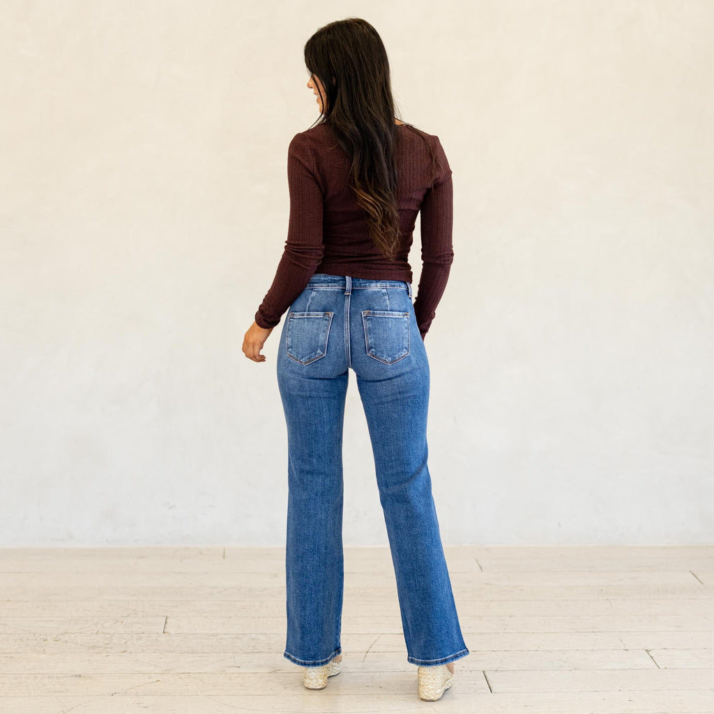 KanCan Ita Mid Rise Wide Flare Jeans (Petite) Medium Blue Wash
