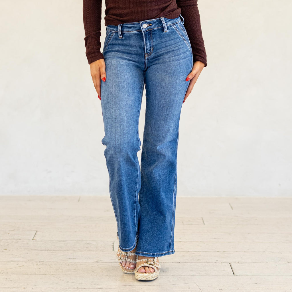KanCan Ita Mid Rise Wide Flare Jeans (Petite) Medium Blue Wash
