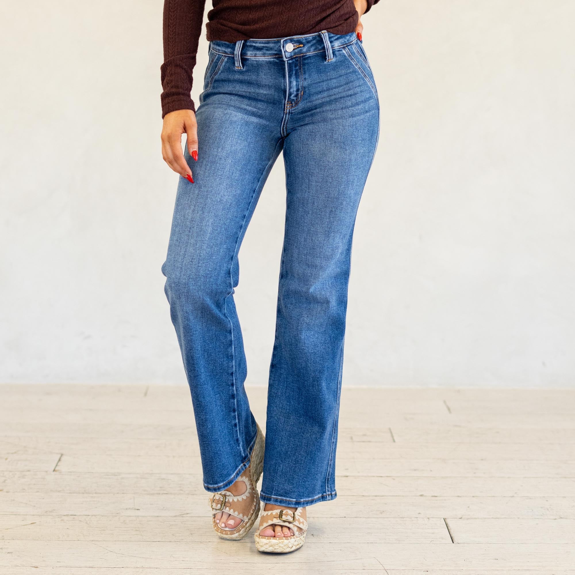 KanCan Ita Mid Rise Wide Flare Jeans (Petite) Medium Blue Wash