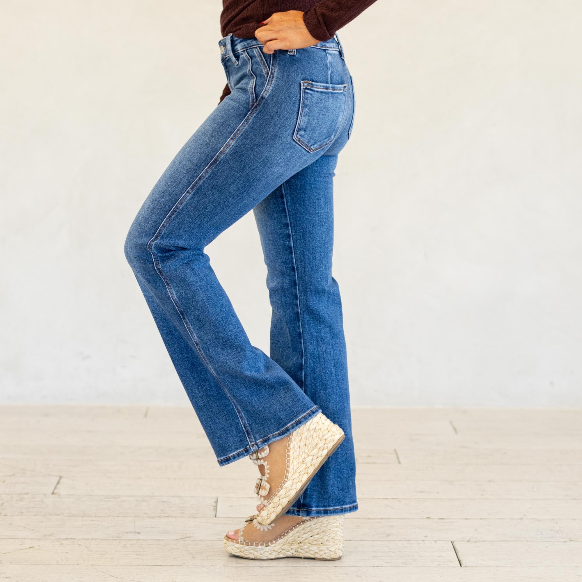 KanCan Ita Mid Rise Wide Flare Jeans (Petite) Medium Blue Wash