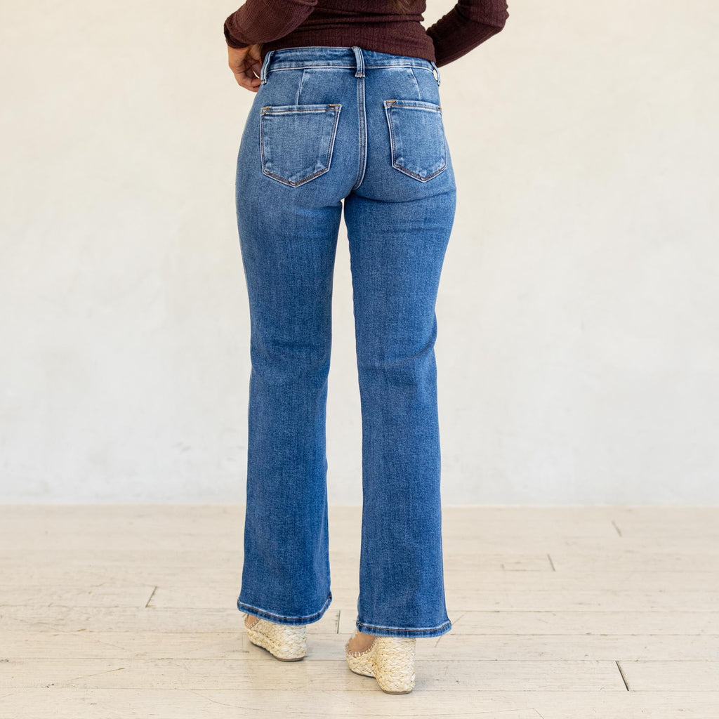 KanCan Ita Mid Rise Wide Flare Jeans (Petite) Medium Blue Wash