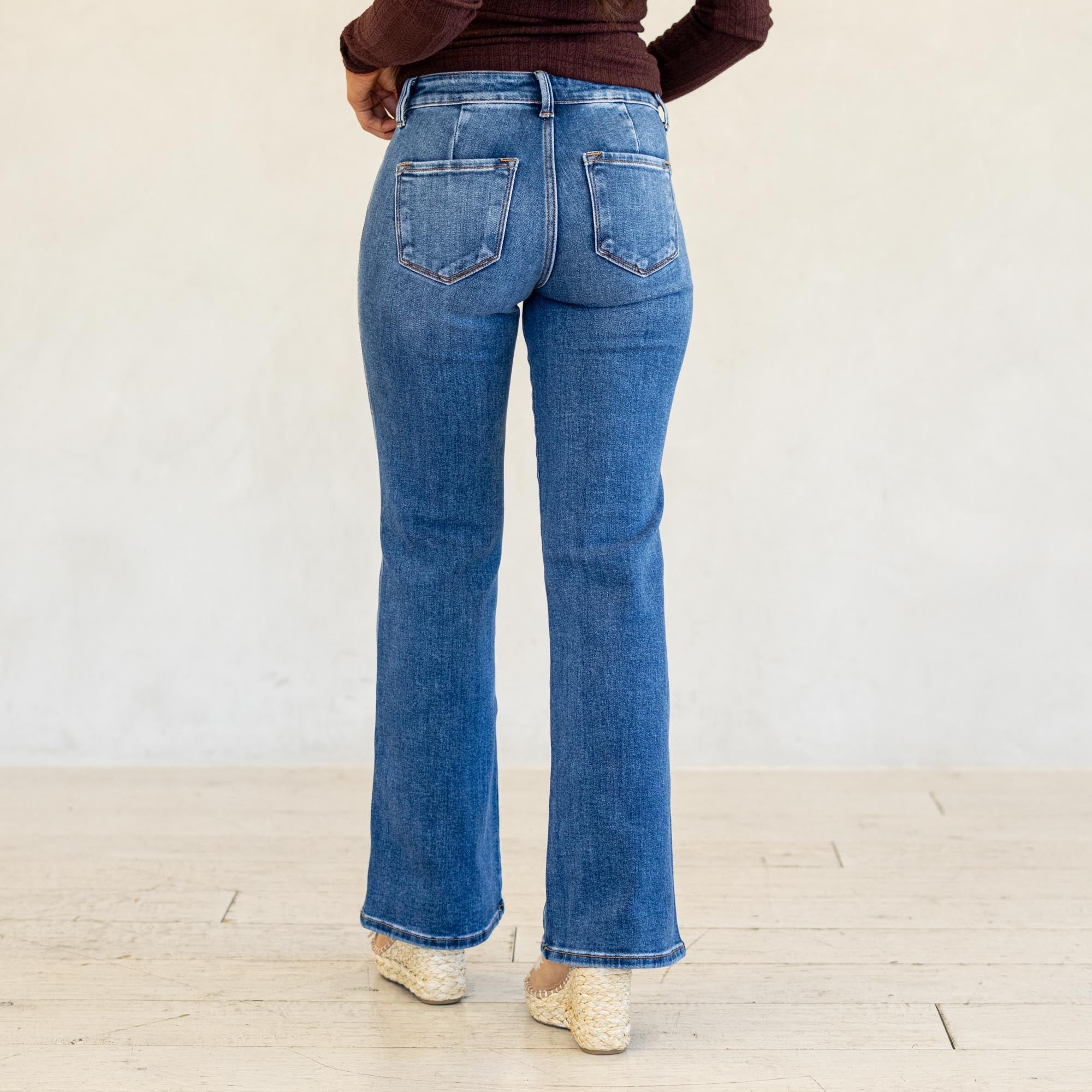 KanCan Ita Mid Rise Wide Flare Jeans (Petite) Medium Blue Wash
