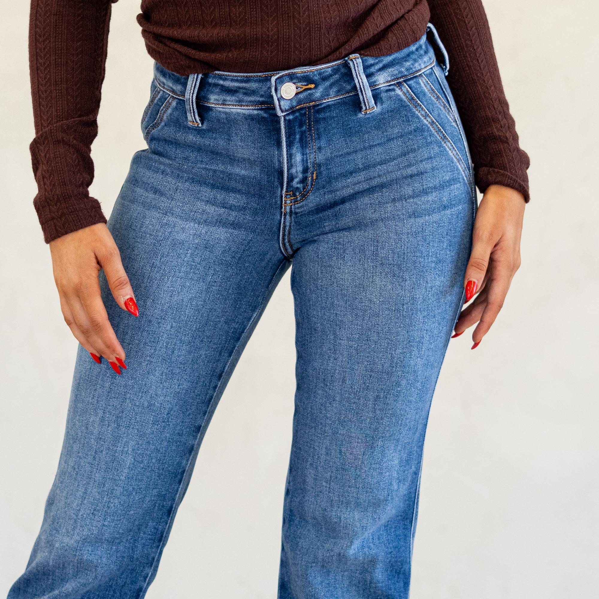 KanCan Ita Mid Rise Wide Flare Jeans (Petite) Medium Blue Wash