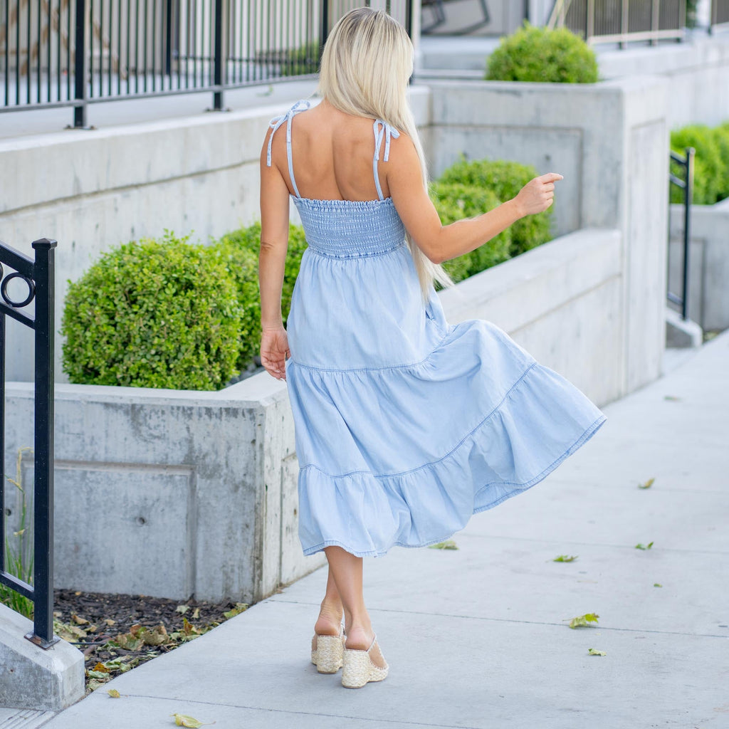 KanCan Kate Light Blue Tiered Midi Dress with Adjustable Straps