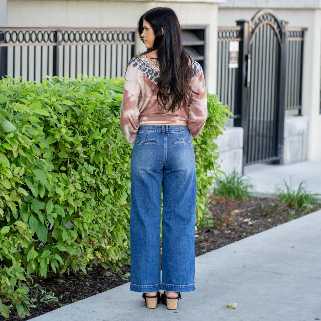 KanCan Petite Tara Mid Rise Trouser Wide Leg Jean Medium Blue