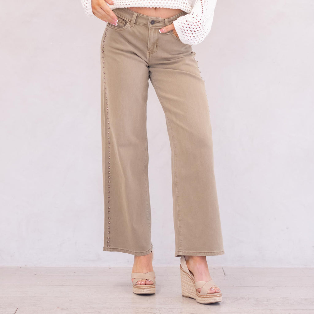 KanCan Ellie Mid Rise Wide Leg Jeans Tan Wash