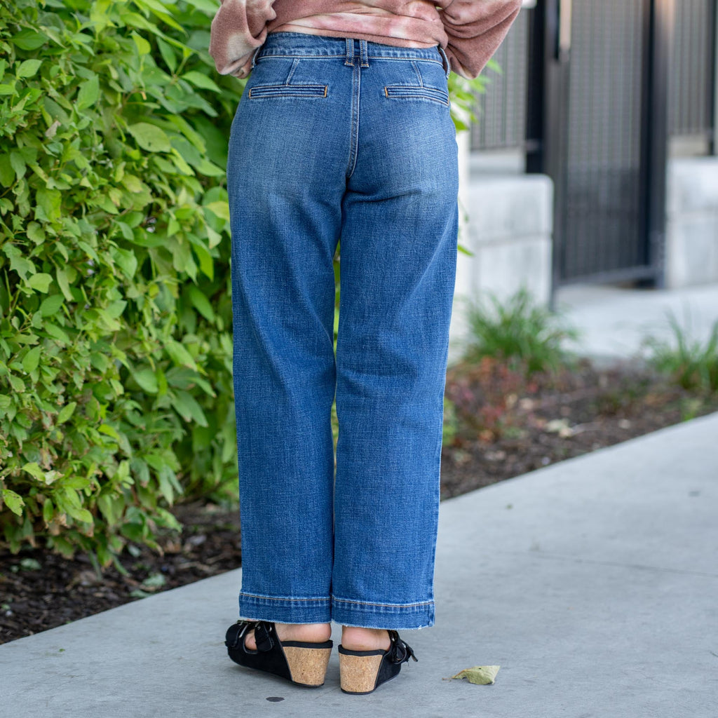 KanCan Petite Tara Mid Rise Trouser Wide Leg Jean Medium Blue