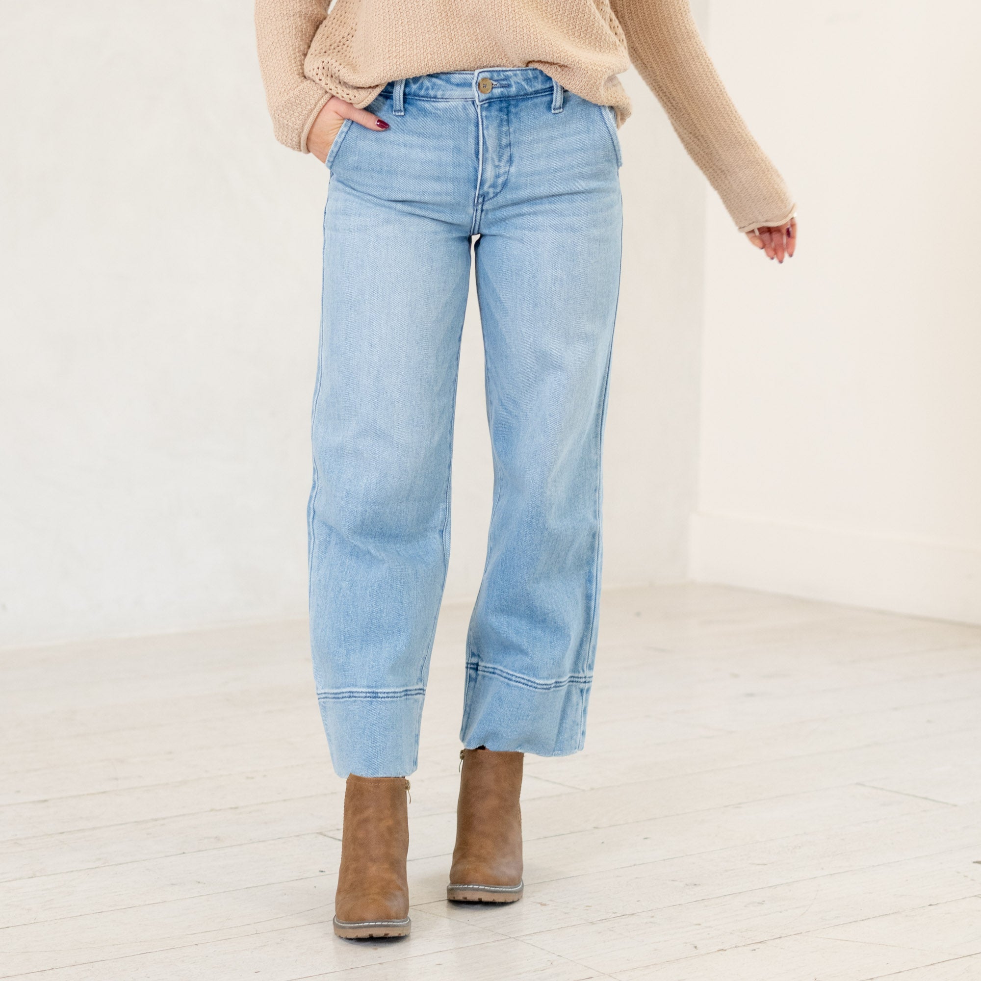 KanCan Darla High Rise Cropped Wide Leg Jeans Medium Blue Wash